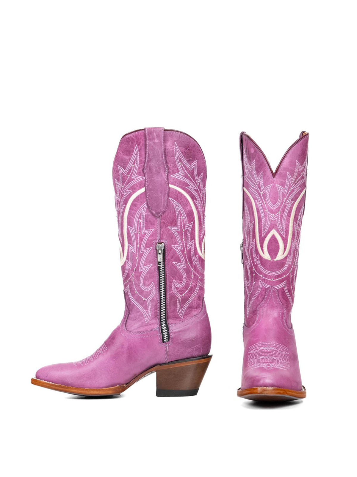 Lilac Almond-Toe Embroidery With Studs Half-Zip Mid Calf Cowgirl Boots