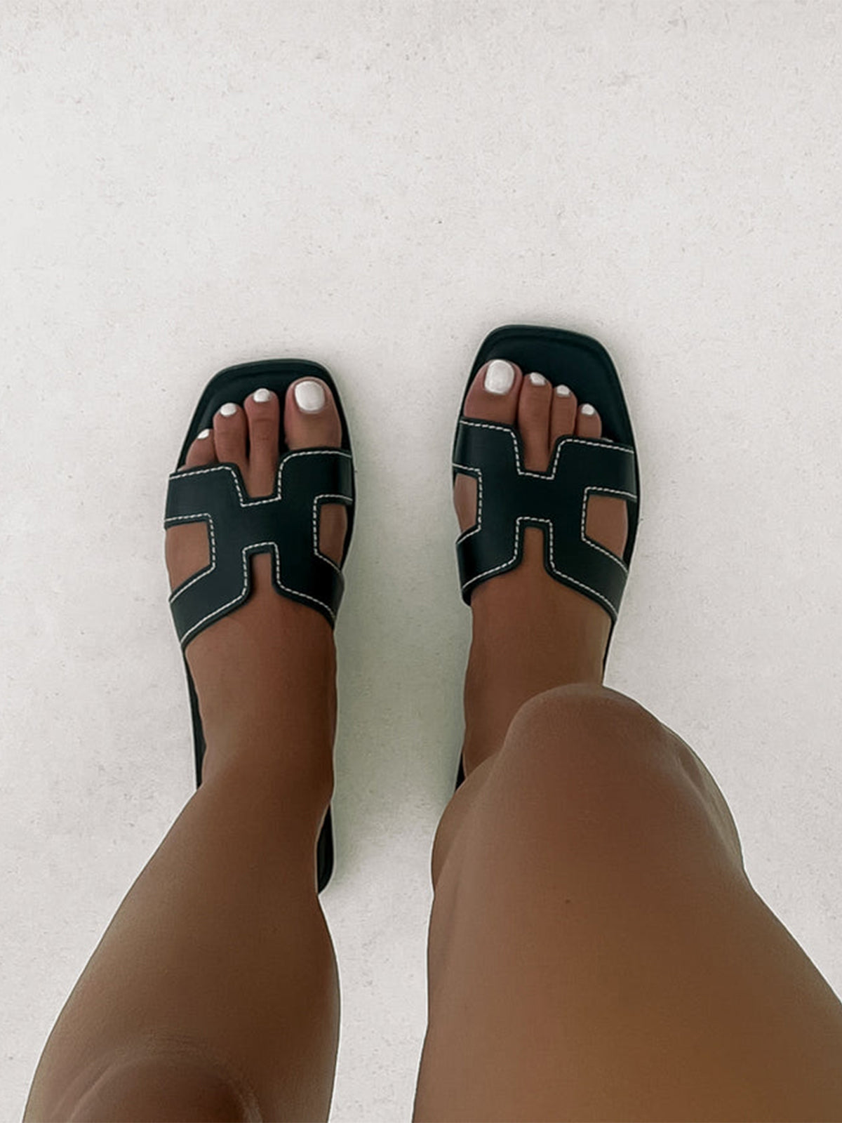 Black Open Square-Toe Slip-On Simple Sandals Flats