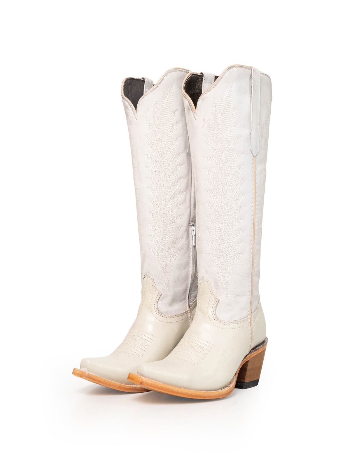 Ivory Vegan Leather Snip-Toe Embroidery Half-Zip Knee High Chic Cowgirl Boots