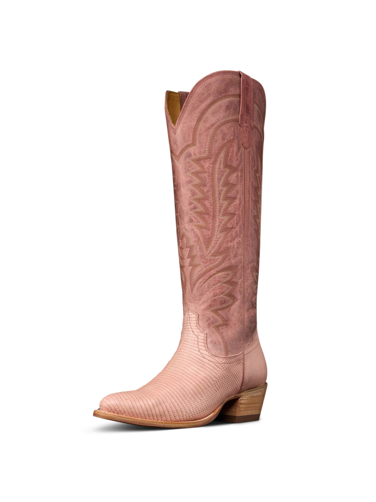Western Embroidery Almond-Toe Tall Knee High Cowgirl Boots - Distressed Pink