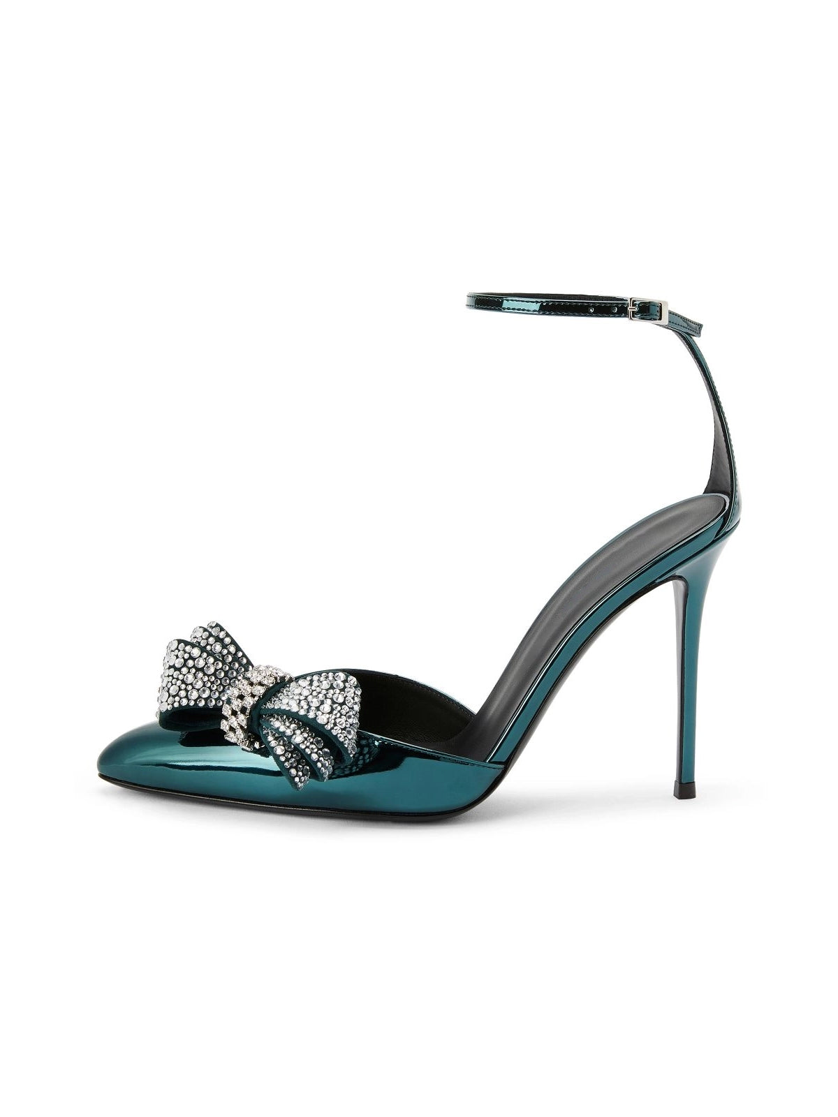 Patent Green Pointed-Toe Front Rhinestones Bow Ankle Strap High Heels