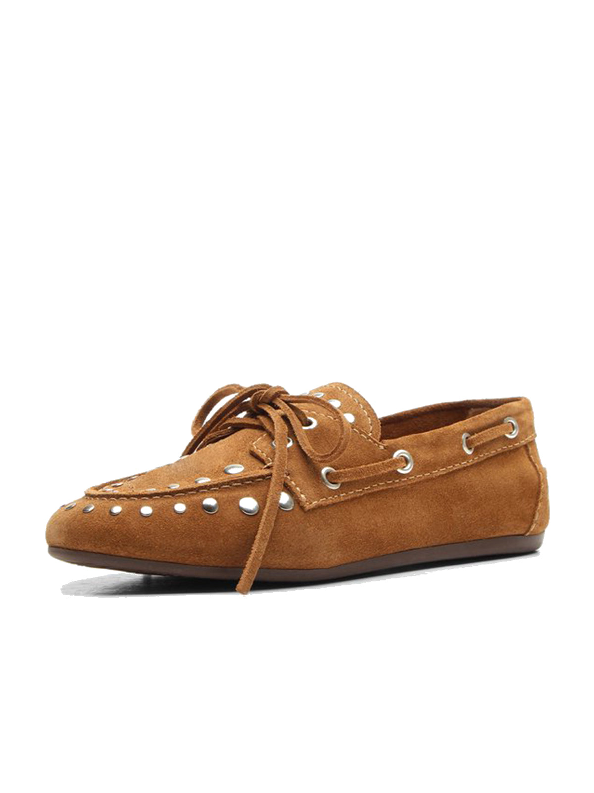 Caramel Faux Suede Round-Toe Studs And Bow Classic Boat Shoes Flats