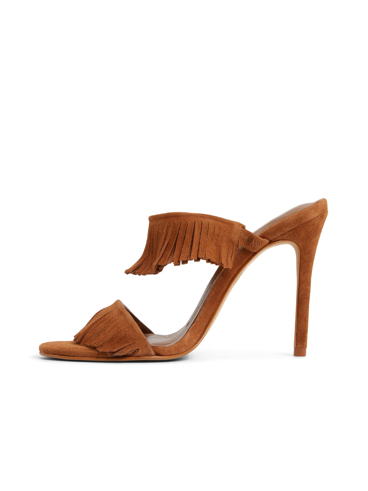 Brown Faux Suede Open Round-Toe Fringe High Heels