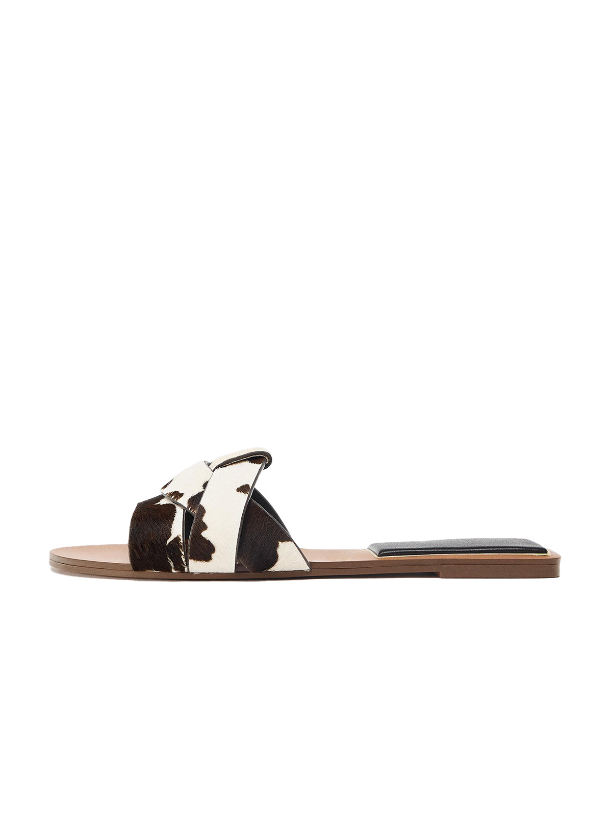 Front Crossover Strap Round-Toe Flat Sandals - Cow Faux Pony Hair
