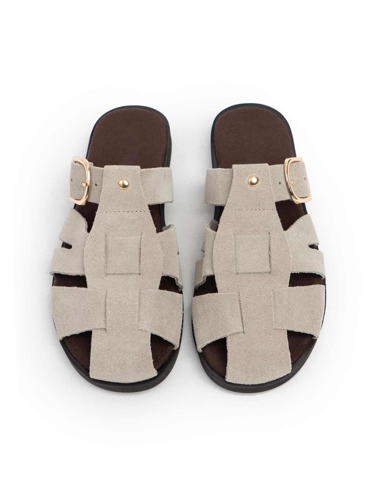 Beige Cow Suede Round-Toe Caged Detail Backless Flats