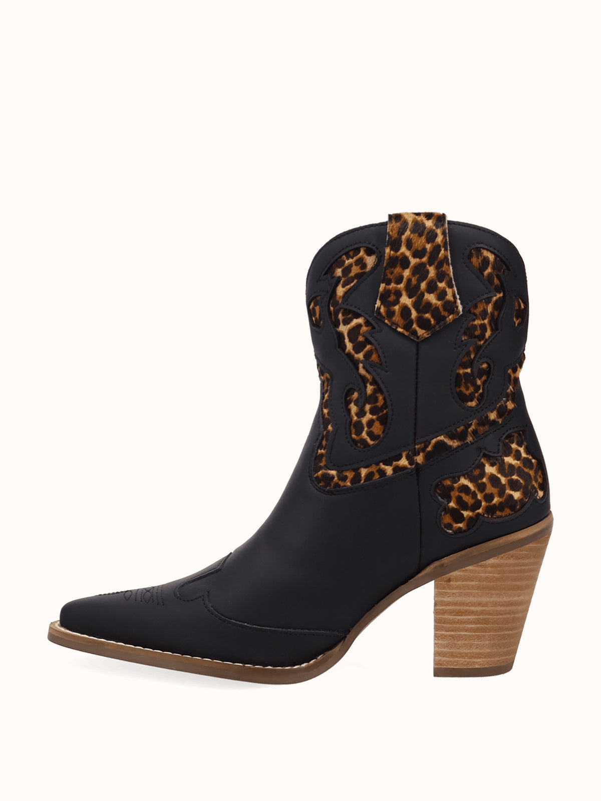 Black And Leopard Pattern Snip-Toe Sleek Ankle Cowgirl Boots
