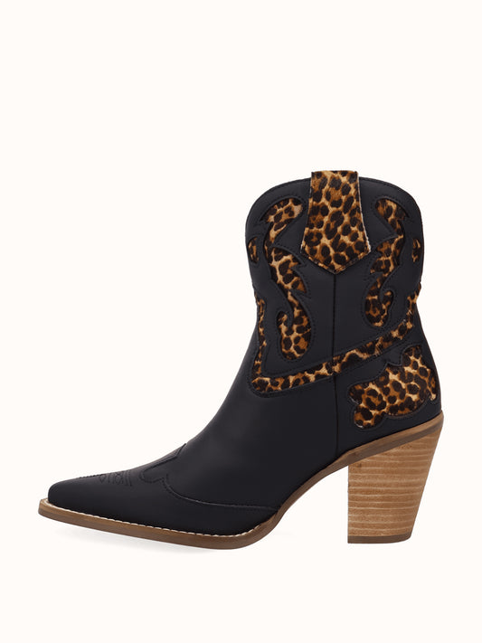 Black And Leopard Pattern Snip-Toe Sleek Ankle Cowgirl Boots