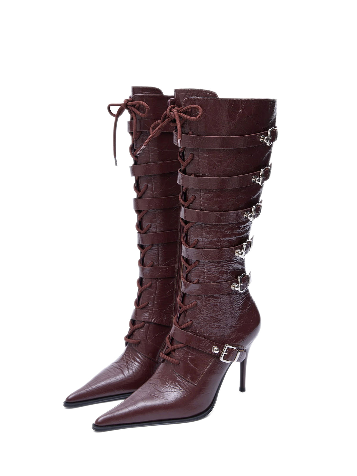 Distressed Wine Red Pointed-Toe Lace-Up Full-Zip Knee High Stiletto Boots With Buckles