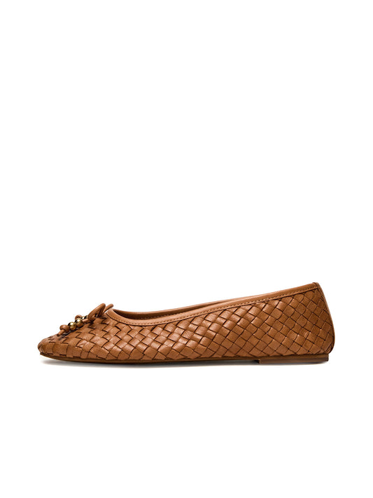 Cognac Vegan Leather Woven Square-Toe Front Bow Slip-On Ballet Flats