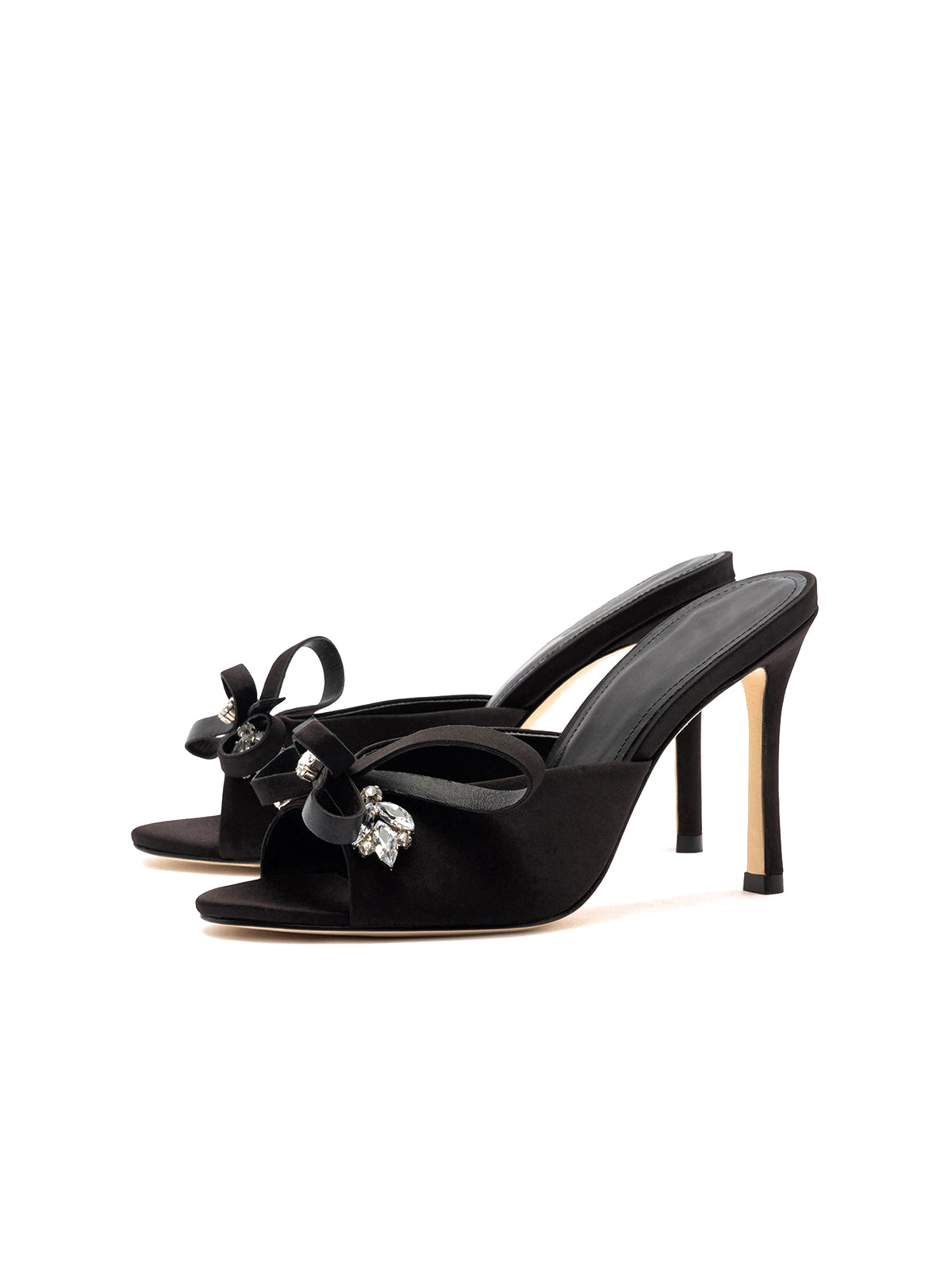 Black Satin Open Round-Toe Front Bow And Crystals High Heels