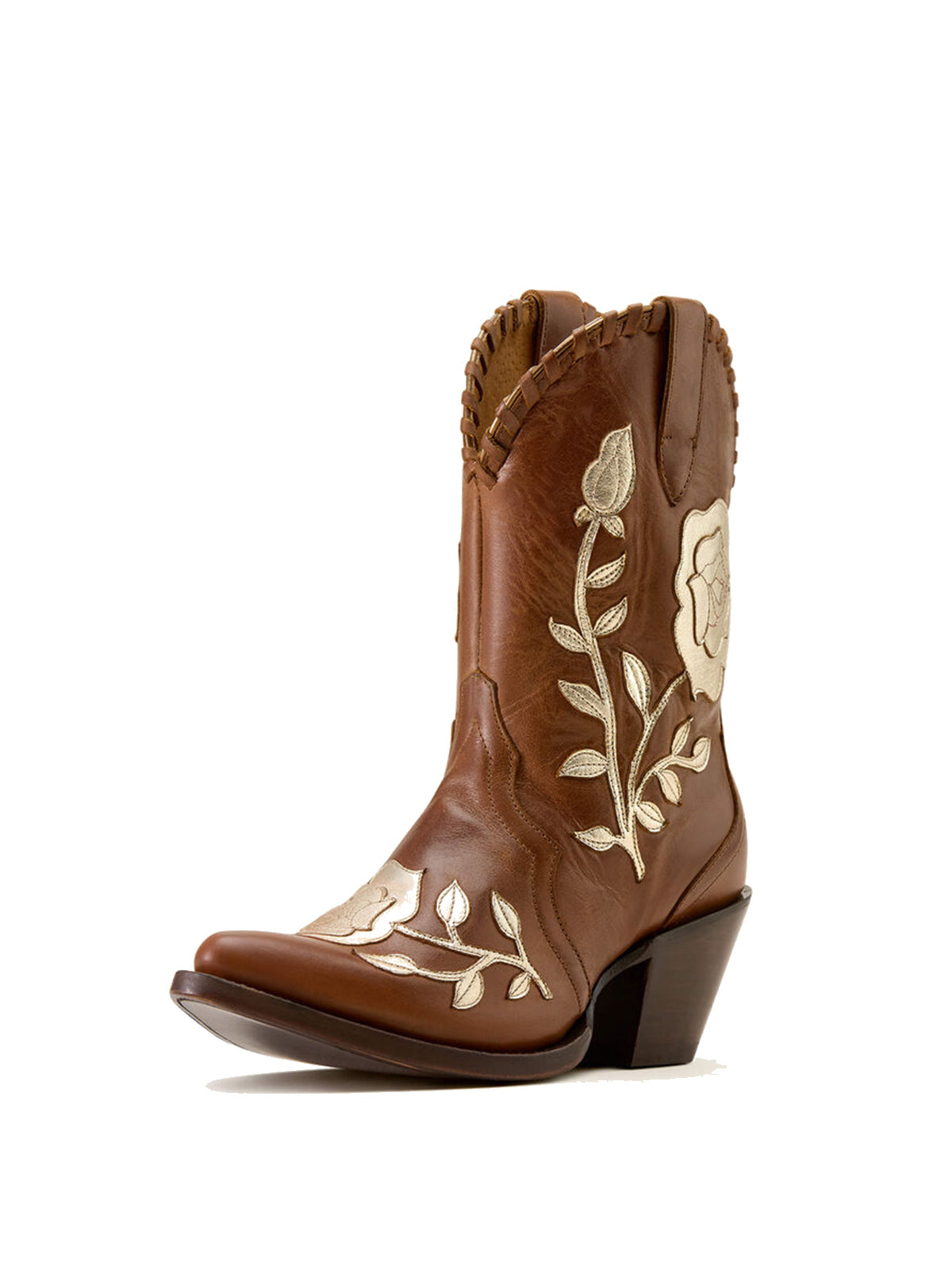 Tan Almond-Toe Big Metallic Rose Applique Ankle Cowgirl Boots