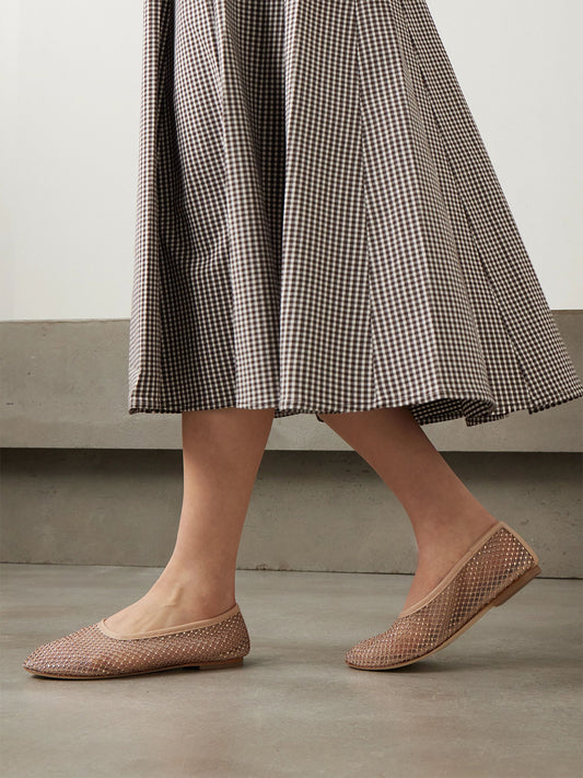 Pink Mesh With Rhinestones Round-Toe Slip-On Ballet Flats
