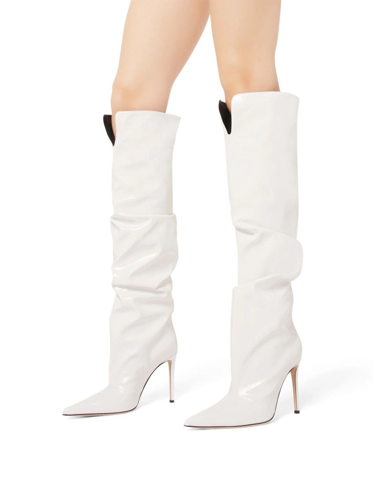 Patent White Pointed-Toe Sleek Wide Calf Knee High Stiletto Boots