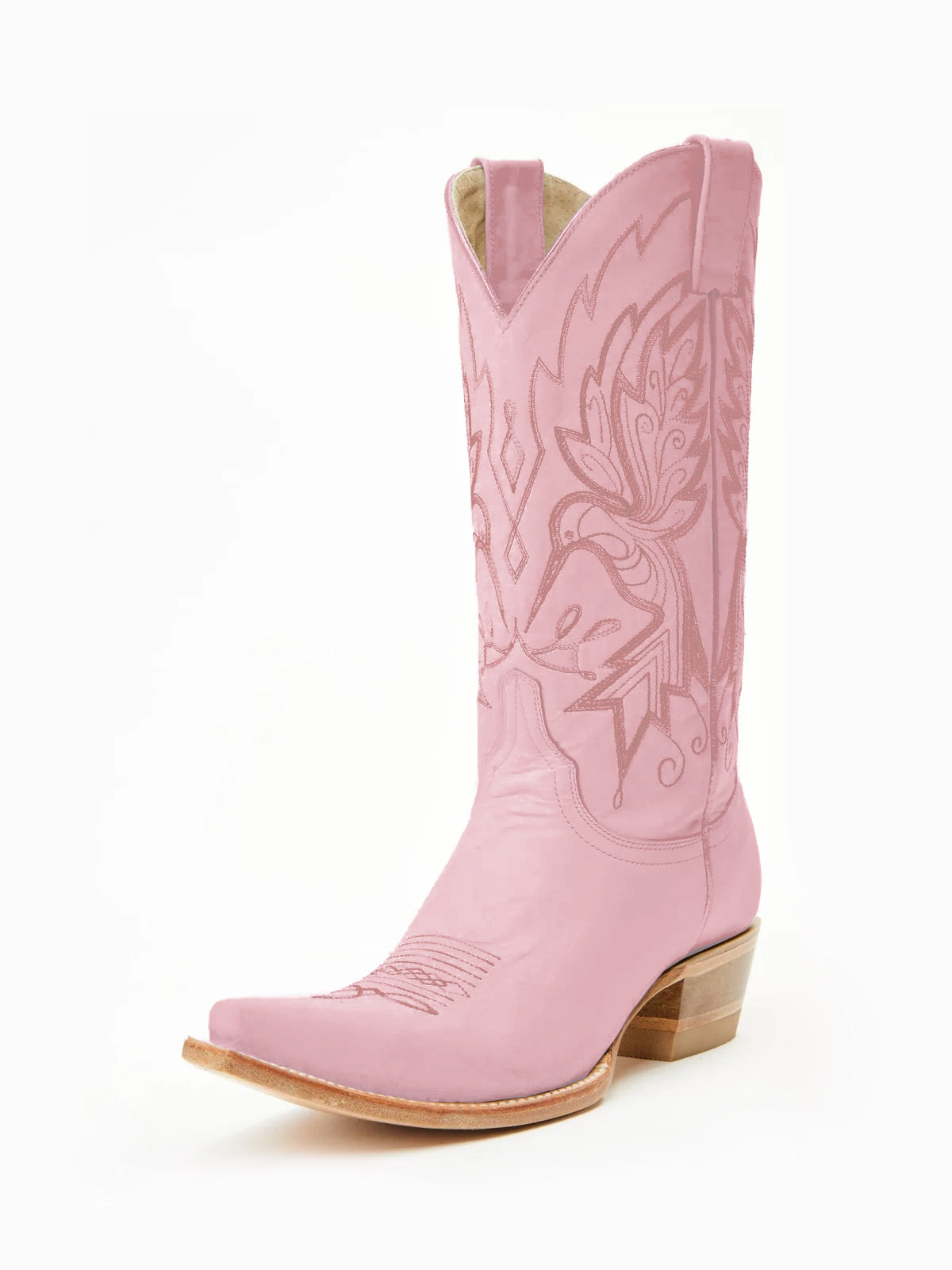 Розови каубойски ботуши с бродерия от птици и къси пръсти до средата на прасеца