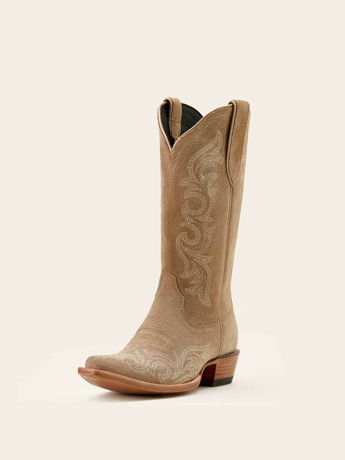 Taupe Faux Suede Snip-Toe Western Embroidery Mid Calf Cowgirl Boots