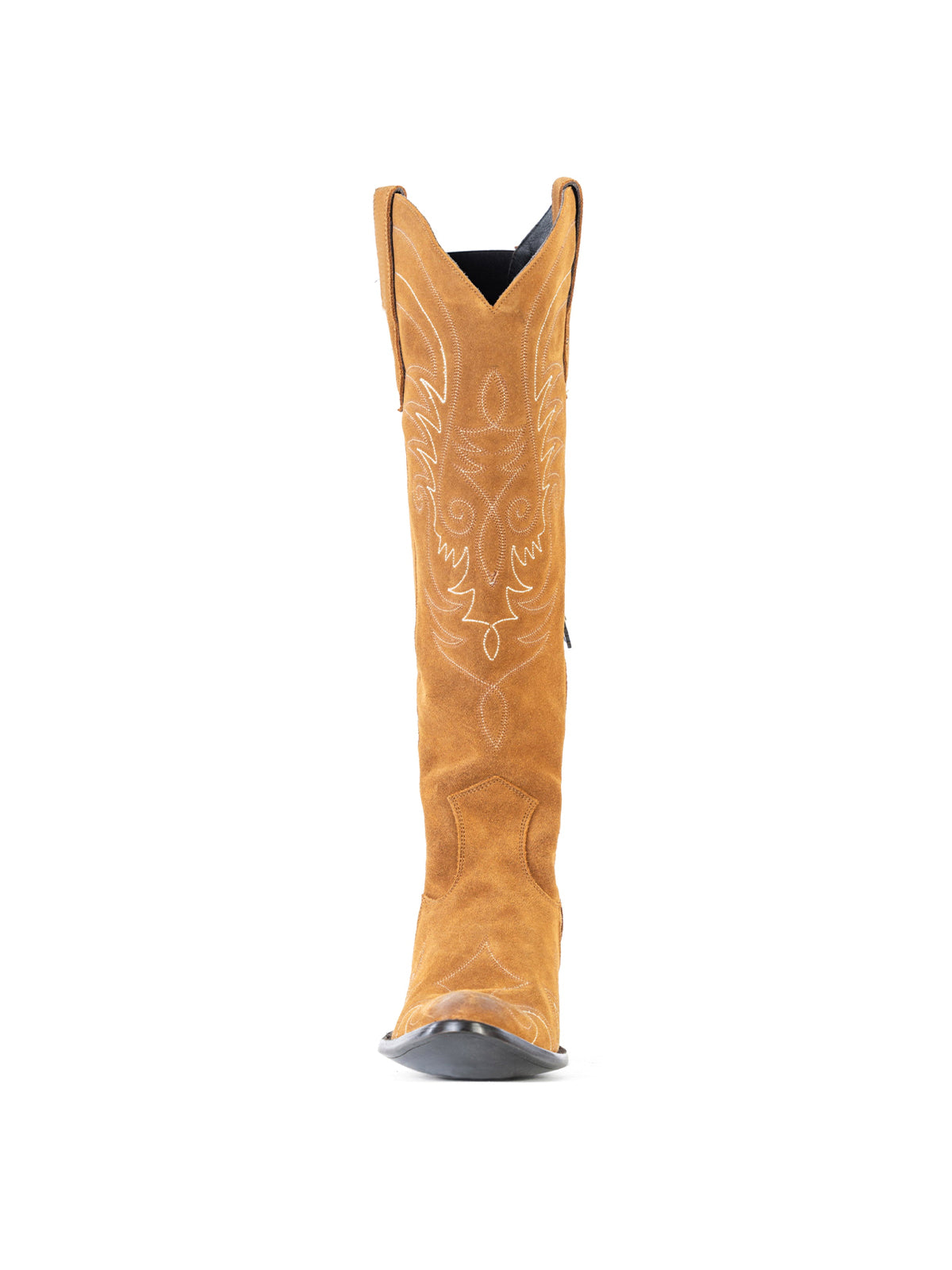 Side-Zip Pointed-Toe Chic Embroidery Wide Calf Knee High Cowgirl Boots - Tan