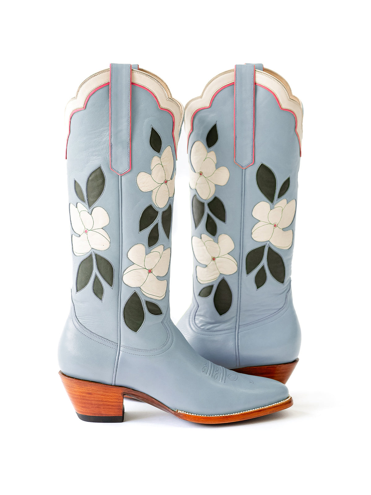 Blue Almond-Toe White Flower Inlay Wide Calf Knee High Cowgirl Boots