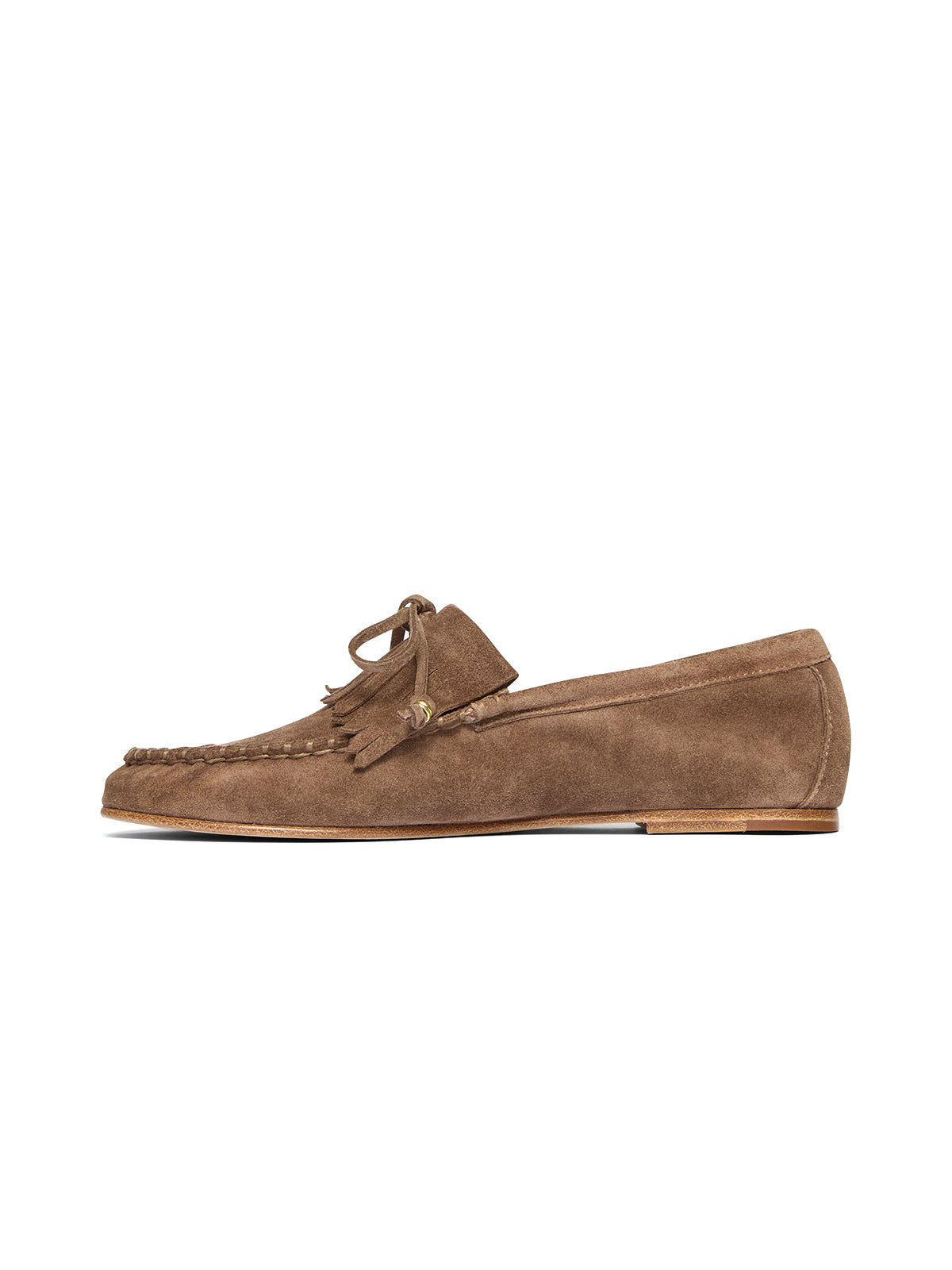 Brown Cow Suede Round-Toe Front Fringe And Bow Loafers Flats