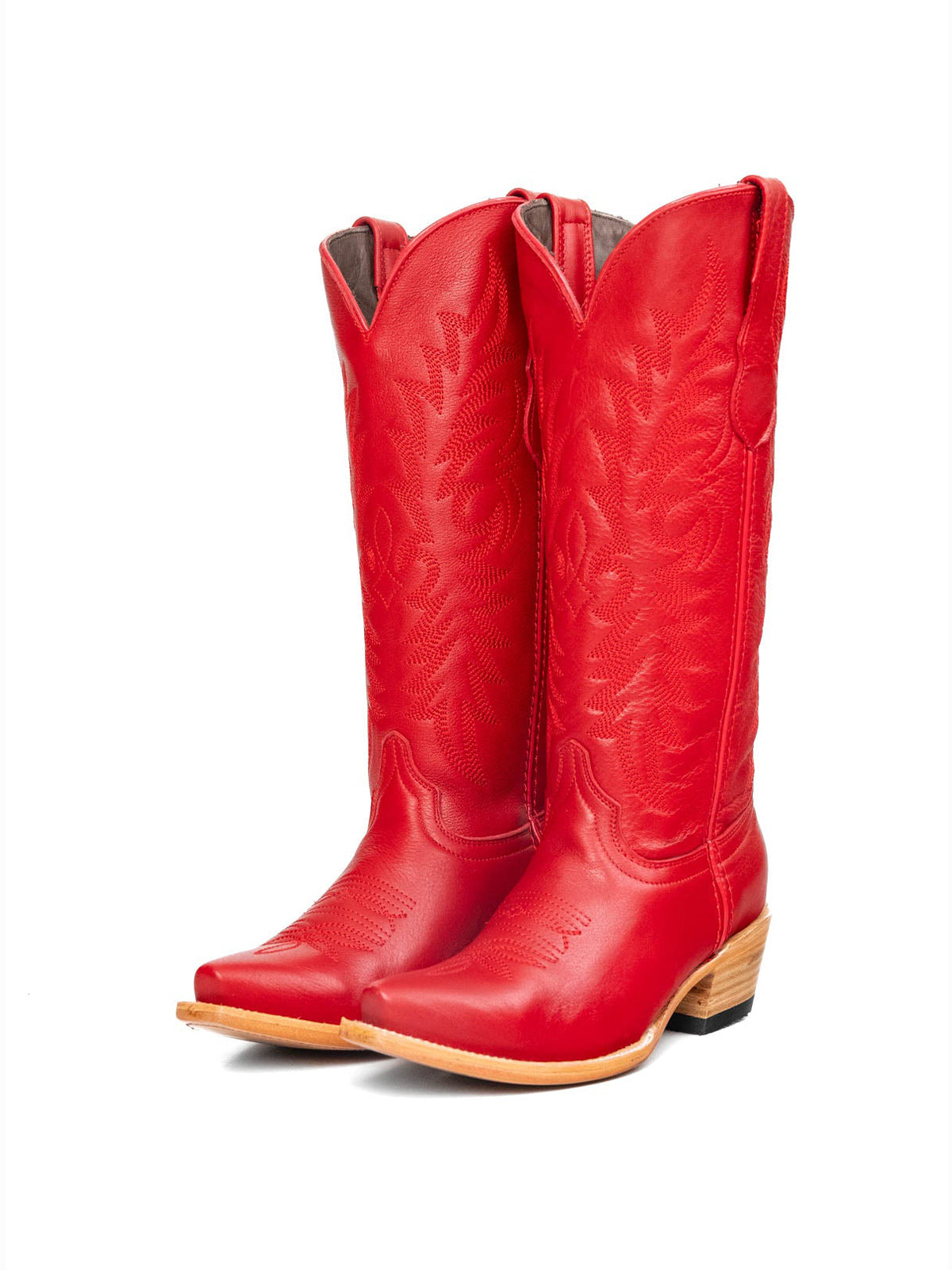 Red Vegan Leather Snip-Toe Embroidery Mid Calf Cowgirl Boots For Woman