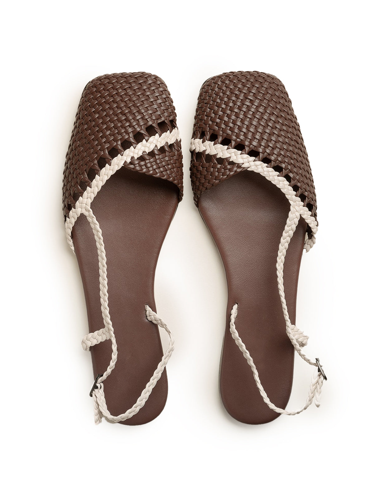 Coffee And Ivory Woven Vegan Leather Square-Toe Back Strap Sandals Flats