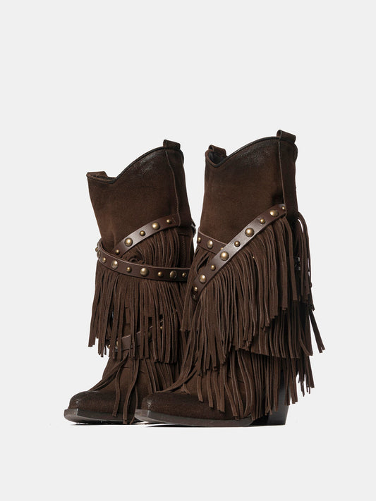 Dark Brown Faux Suede Snip-Toe Studded Straps Fringe Mid Calf Cowgirl Boots