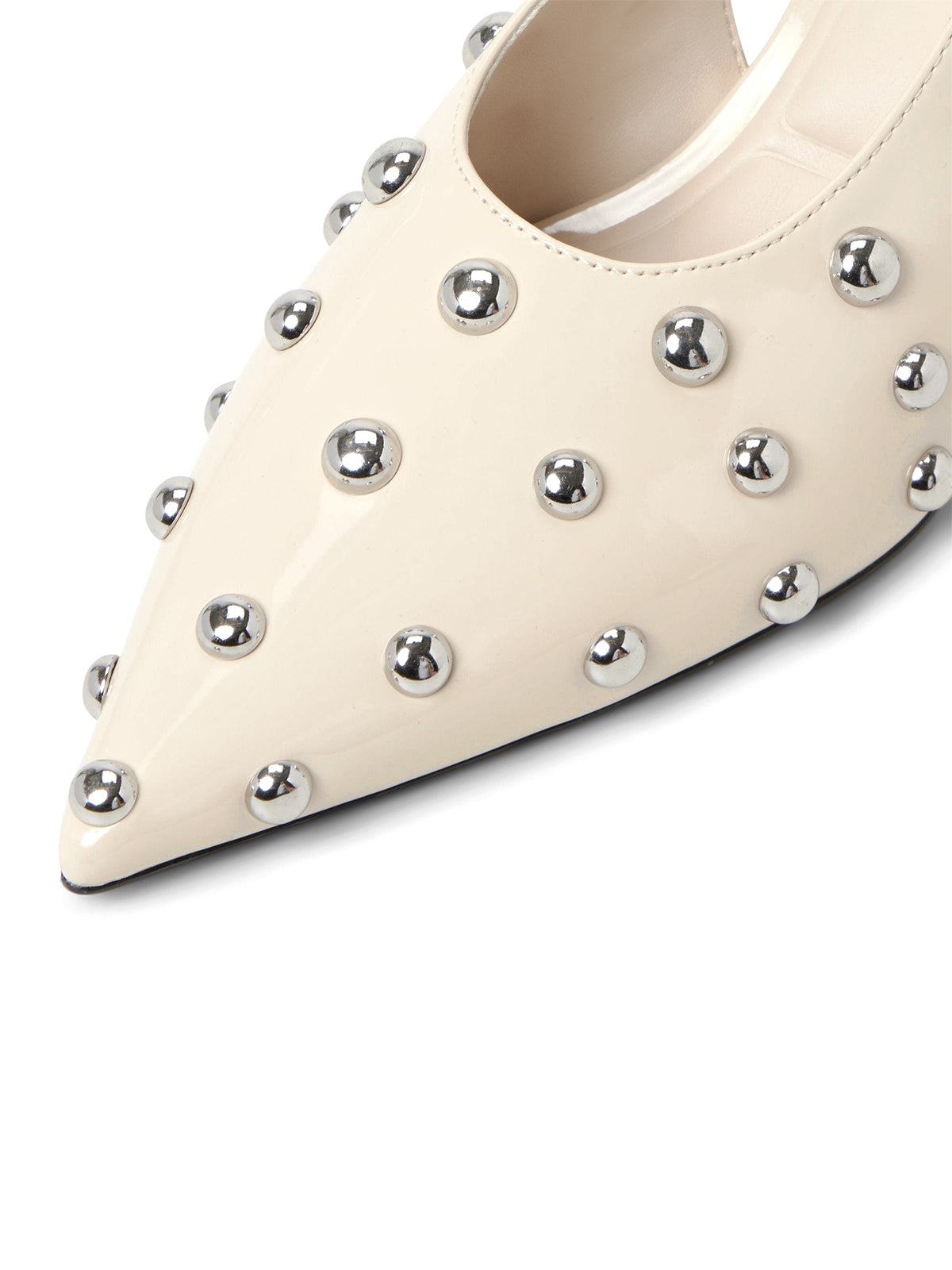 Cream Pointed-Toe Slingback Kitten Heels With Full Studs