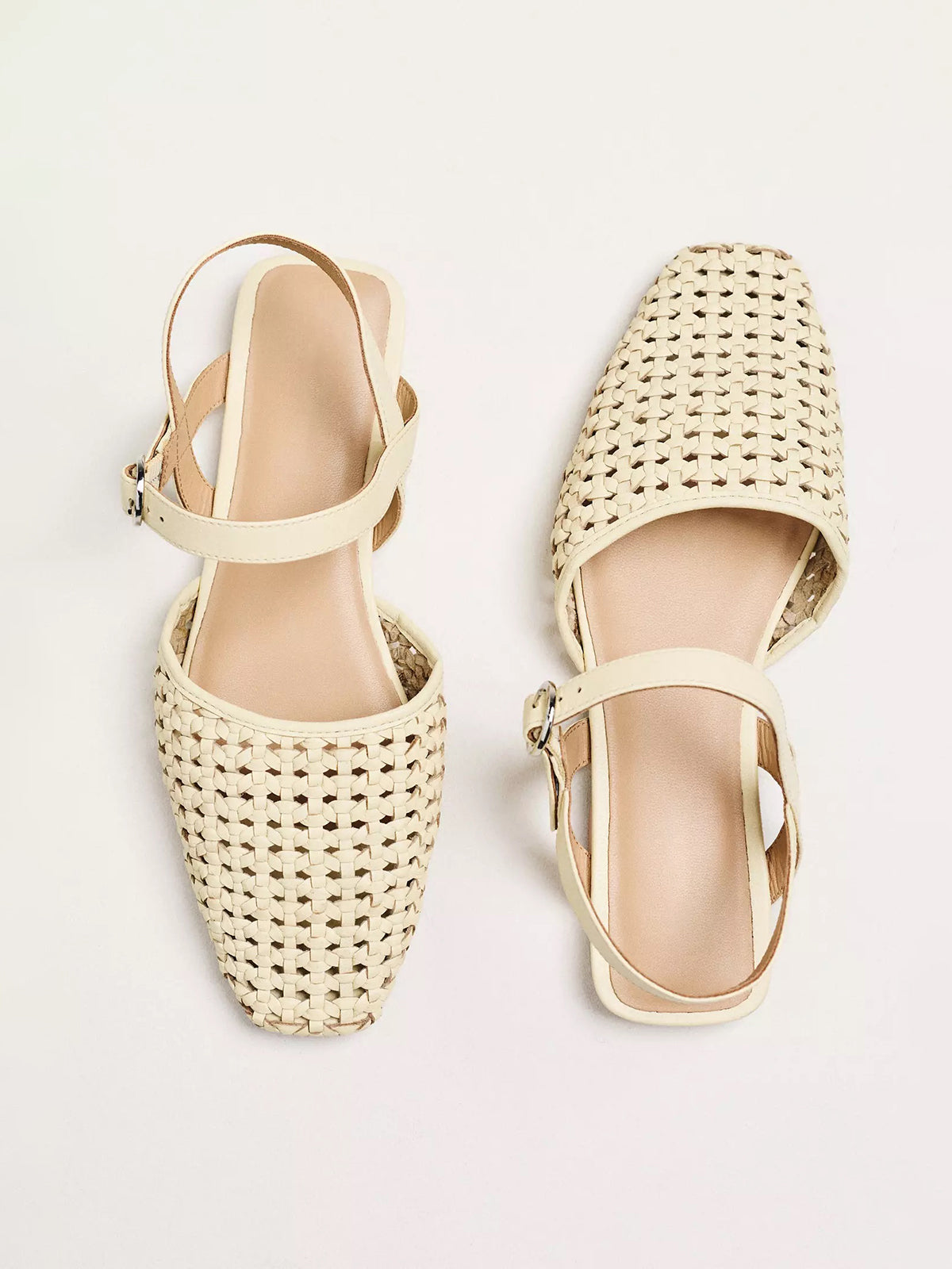 Light Yellow Vegan Leather Woven Square-Toe Ankle Strap Flats