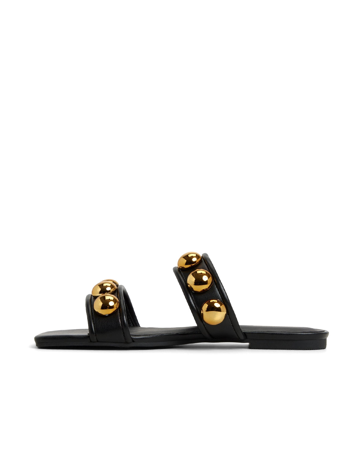 Black Square-Toe Double Straps With Studs Flats