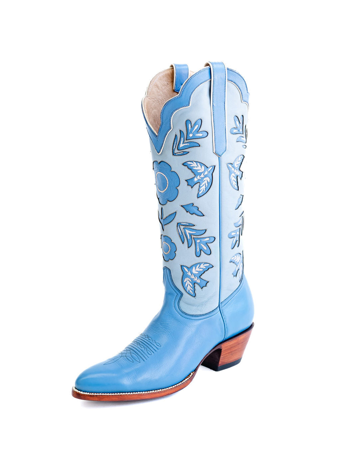 Blue Round-Toe Birds Leaves Flowers Inlay Wide Calf Knee High Cowgirl Boots