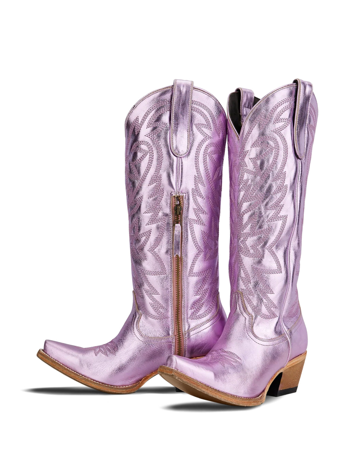 Western Snip-Toe Embroidery Classic Knee High Half-Zip Cowgirl Boots - Metallic Lavender