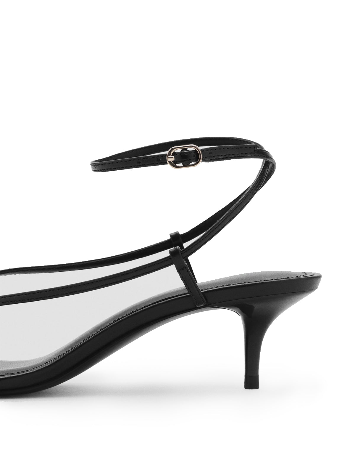 Black Round-Toe Thin Strap And Ankle Strap Kitten Heels