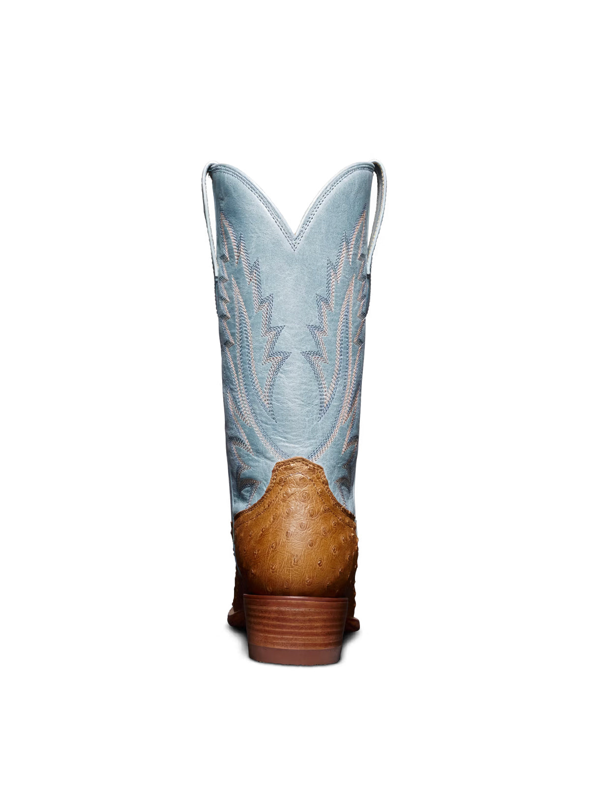 Contrast Blue And Tan Ostrich Print Almond-Toe Embroidery Mid Calf Cowgirl Boots