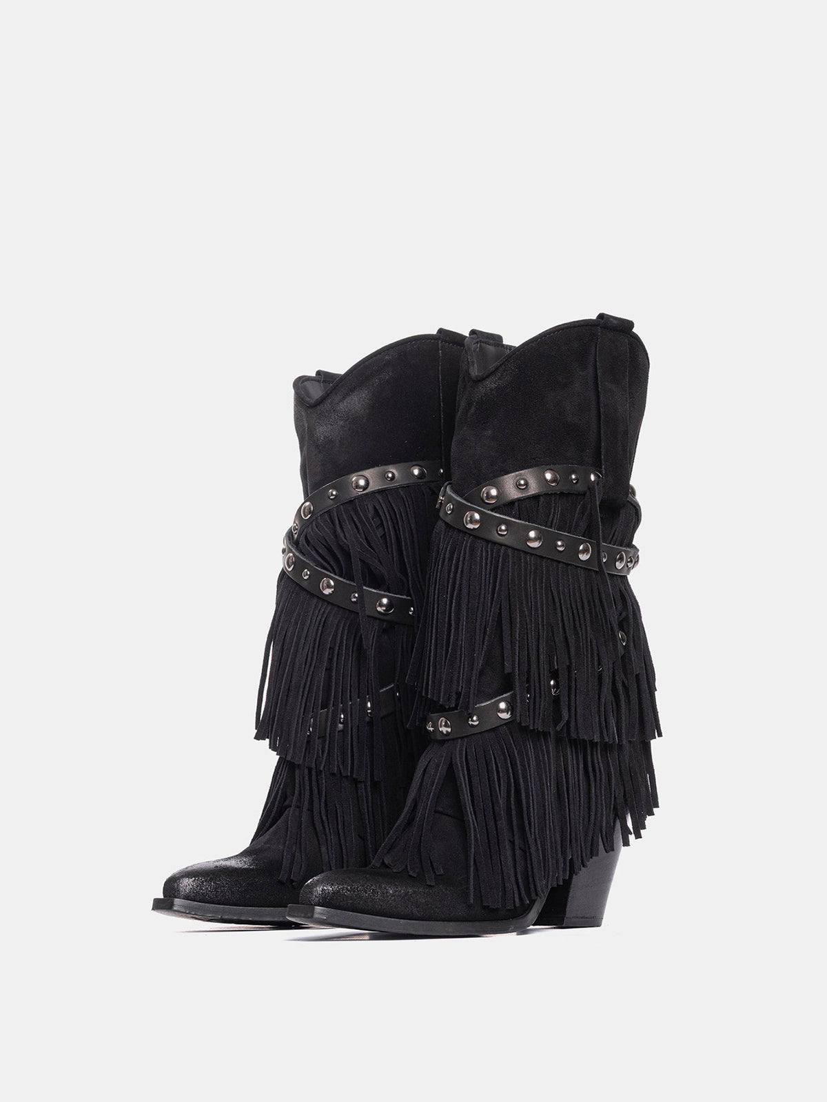 Black Faux Suede Snip-Toe Studded Straps Fringe Mid Calf Cowgirl Boots