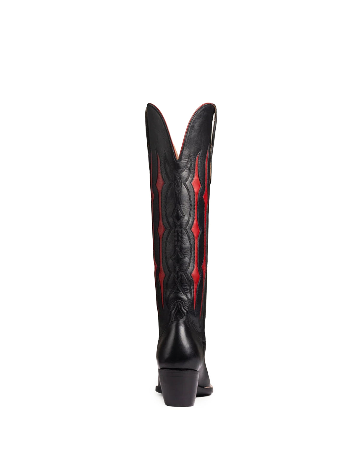 Black Contrast Red Inlay Stitch Almond-Toe Wide Knee High Western Cowgirl Boots