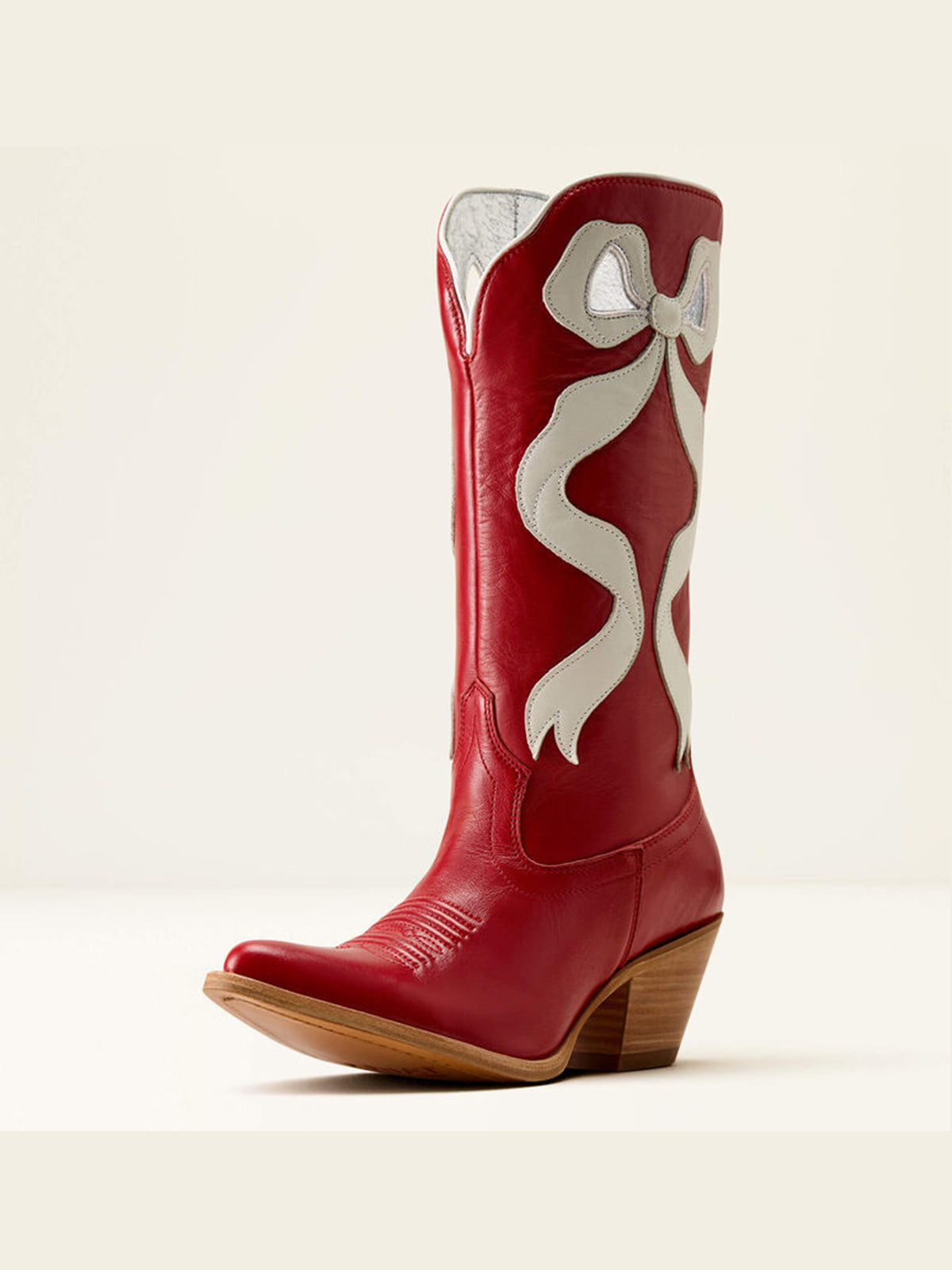 Red Almond-Toe Ivory Side Big Bow Applique Mid Calf Cowgirl Boots