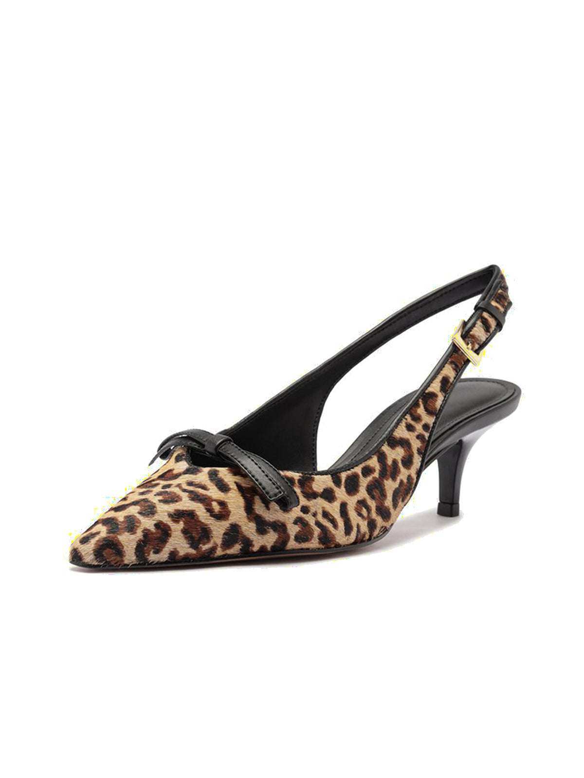 Leopard Print Pony Hair Vegan Leather Pointed-Toe Front Knot Buckle Slingback Kitten Heels