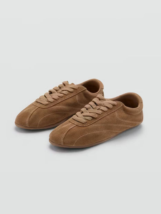 Sand Cow Suede Round-Toe Lace-Up Sneakers Chic Flats