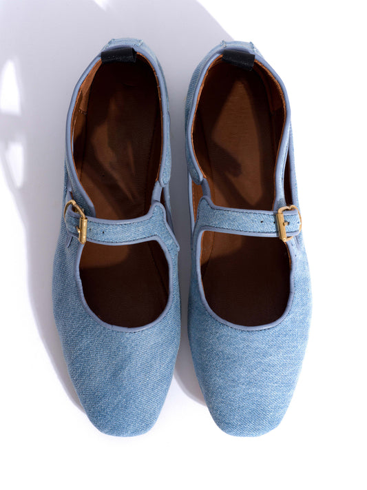 Square-Toe Buckle Strap Chic Flats - Blue Denim