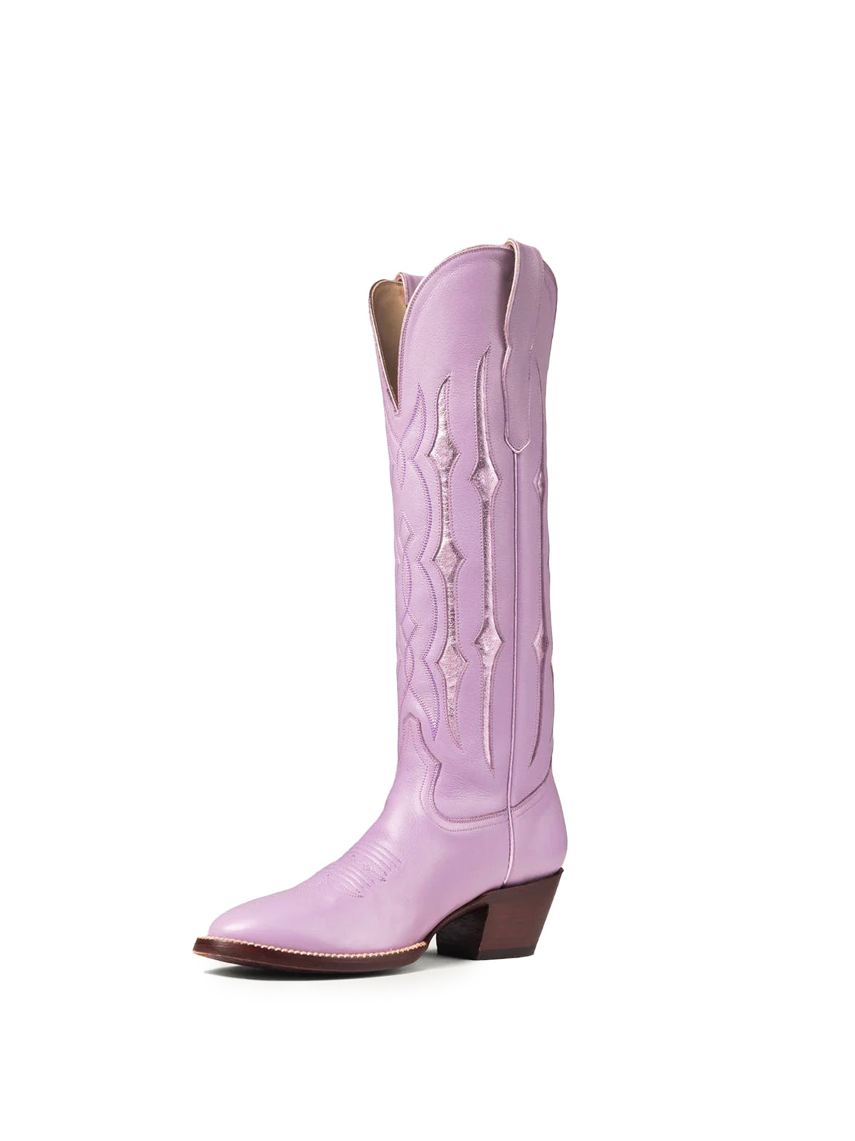 Lavender Contrast Metallic Silver Inlay Stitch Almond-Toe Wide Knee High Western Cowgirl Boots