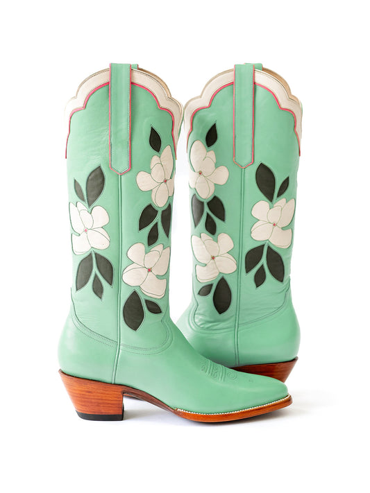 Mint Green Almond-Toe White Flower Inlay Wide Calf Knee High Cowgirl Boots