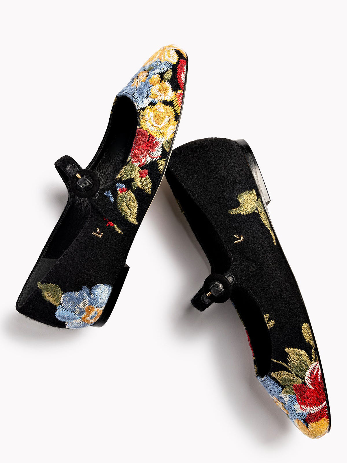 Black Faux Suede Round-Toe Colorful Floral Embroidery Bridge Strap Flats