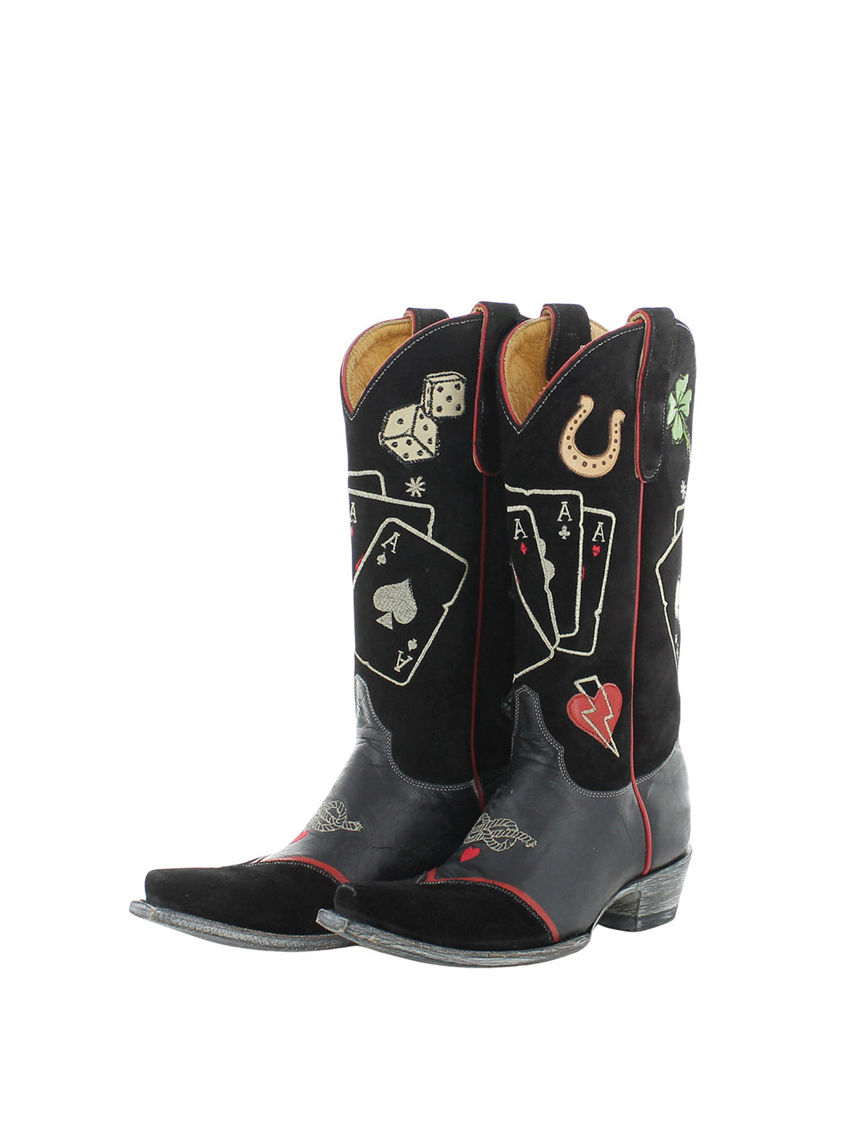 Black Snip-Toe Card Game Embroidery Horseshoe Applique Mid Calf Cowgirl Boots