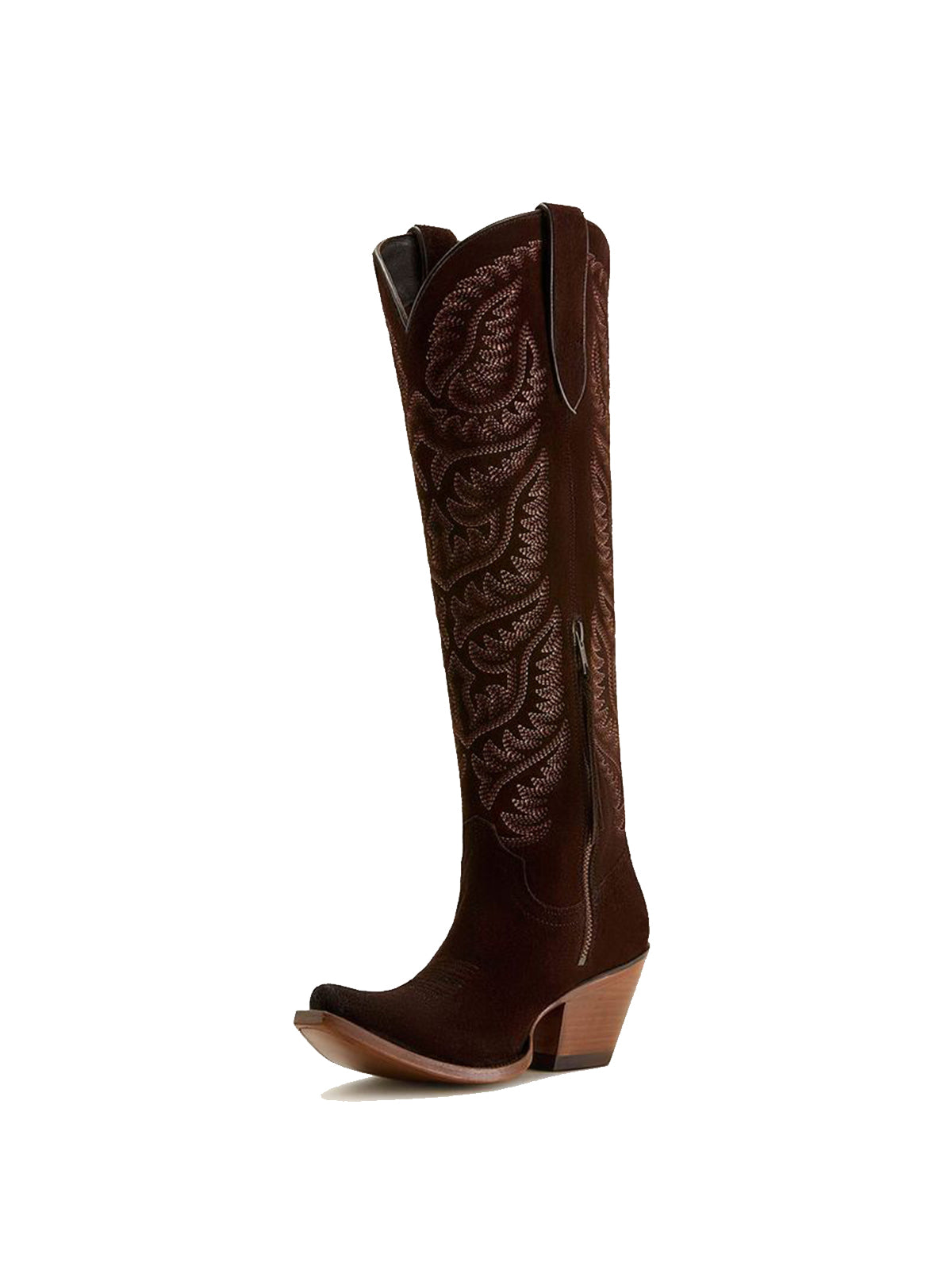Embroidery Half-Zip Tall Knee High Faux Suede Snip-Toe Cowgirl Boots - Warm Brown