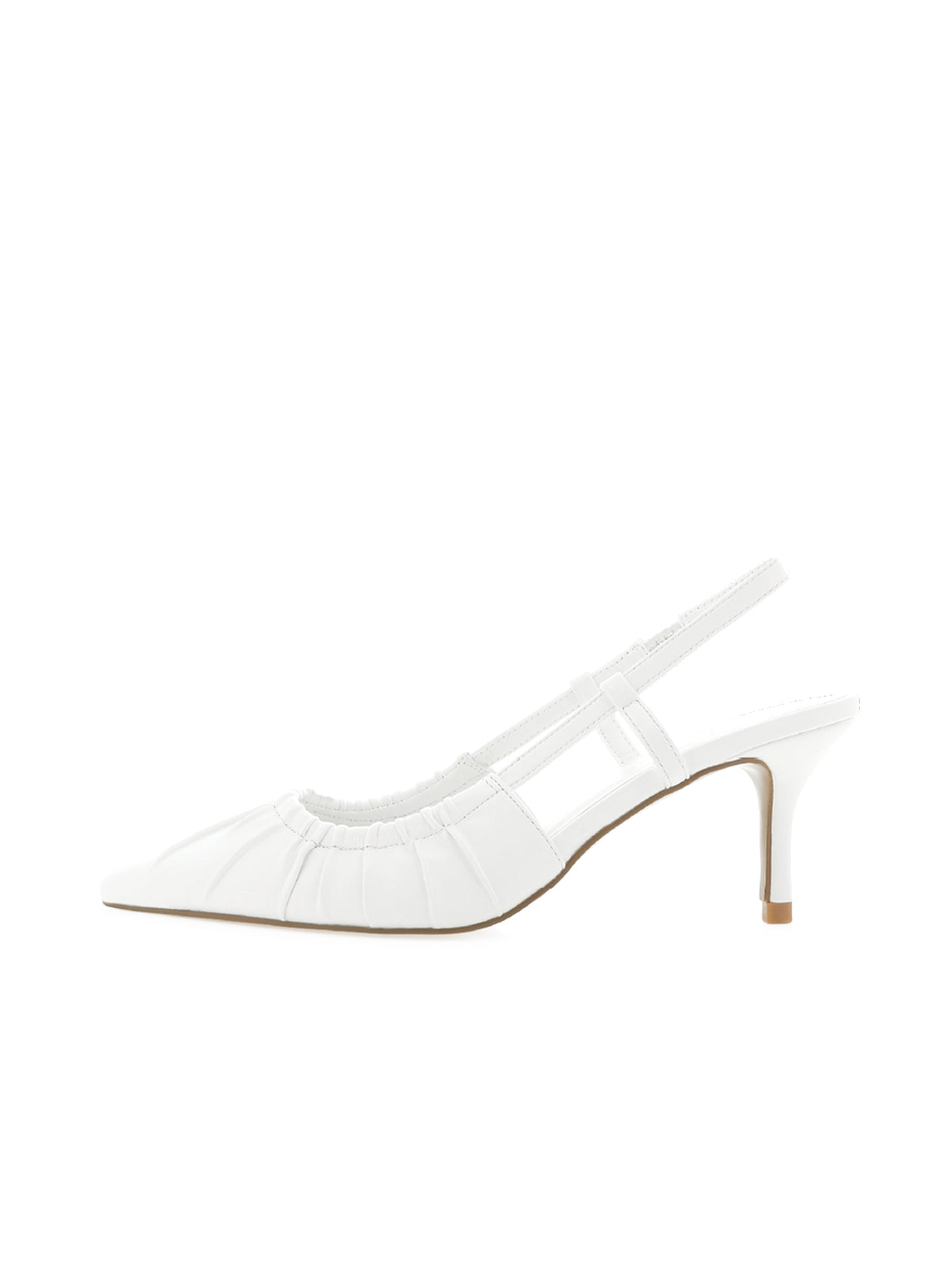 White Ruched Upper Pointed-Toe Slingback Kitten Heels