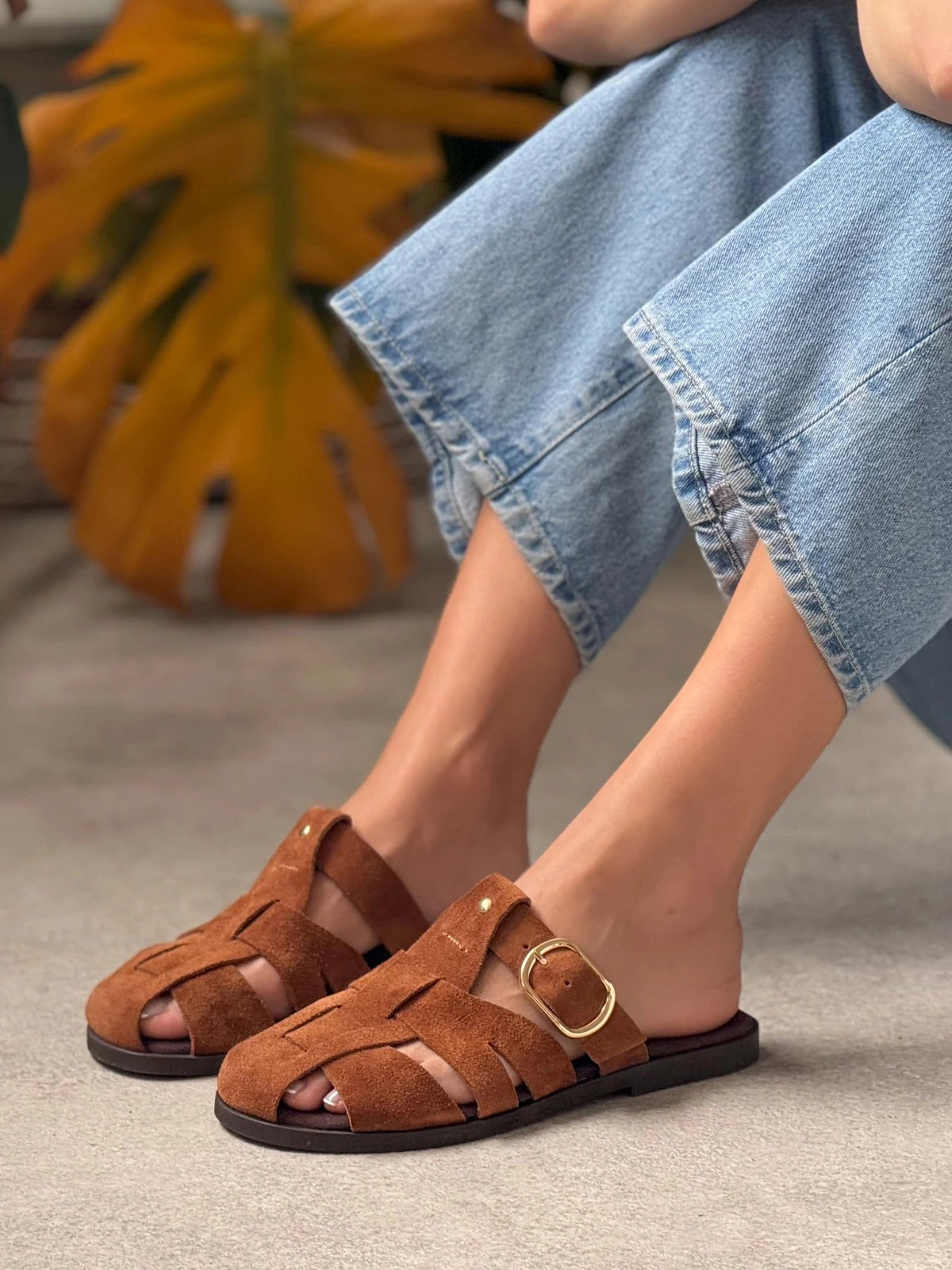 Brown Cow Suede Round-Toe Caged Detail Backless Flats