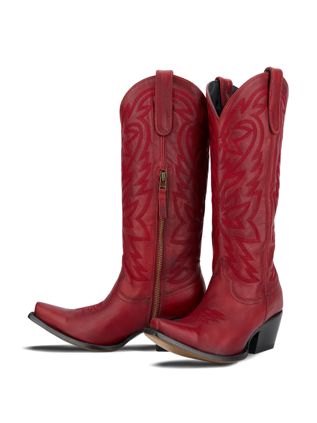 Western Snip-Toe Embroidery Classic Knee High Half-Zip Cowgirl Boots - Ruby Red