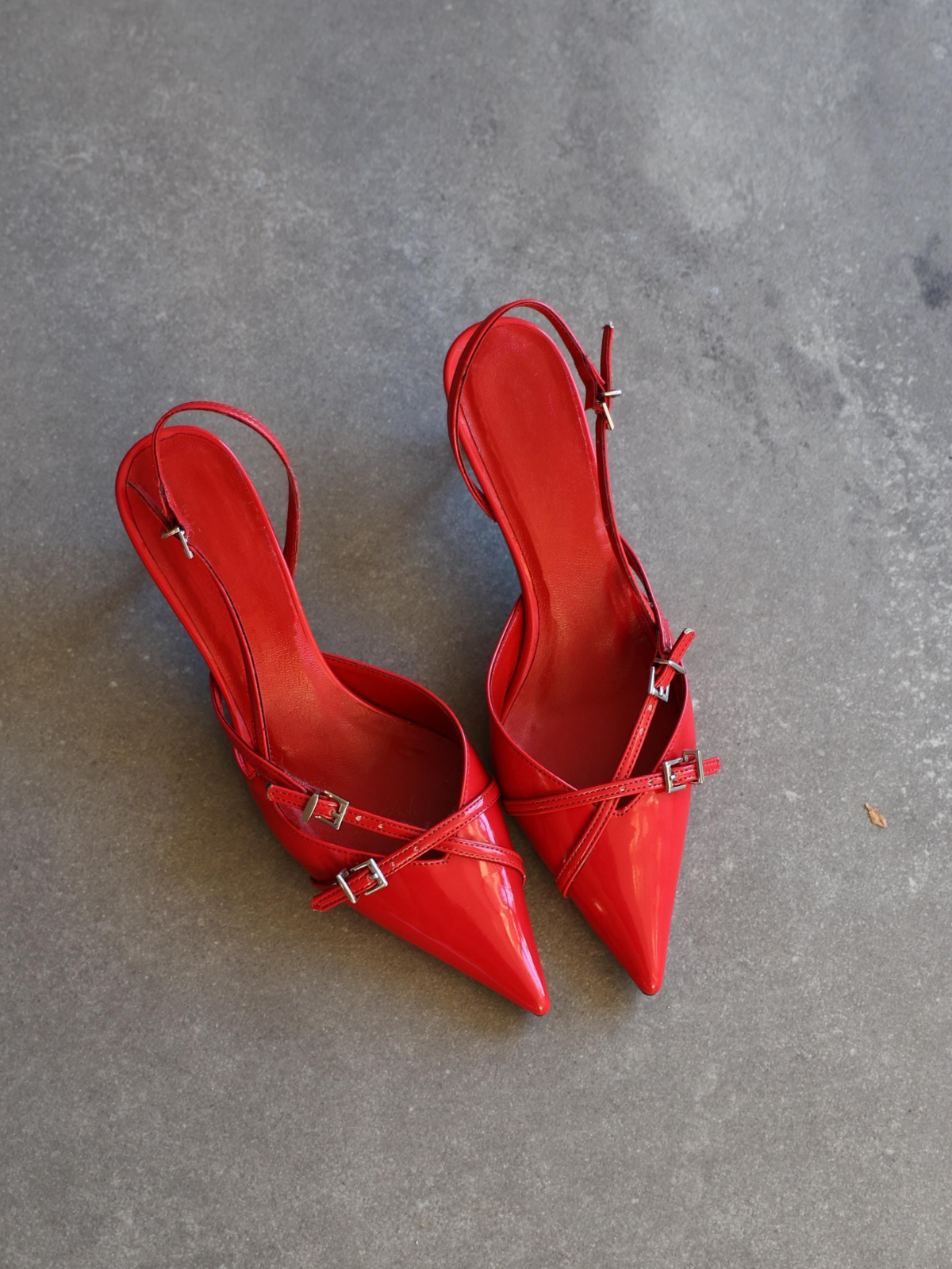 Red Vegan Leather Kitten Heels Slingback Courts Pumps With Crossed Buckled Strap