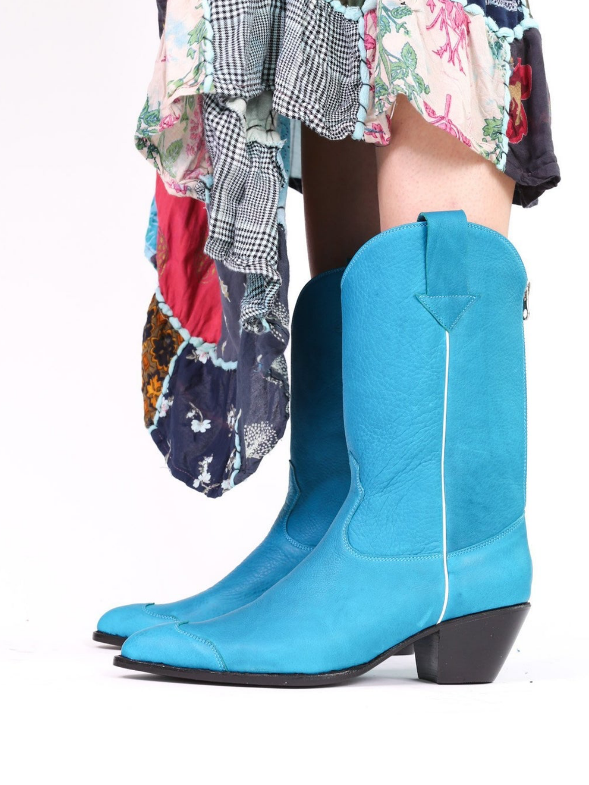 Turquoise Vegan Leather Almond-Toe Back-Zip Mid Calf Cowgirl Boots