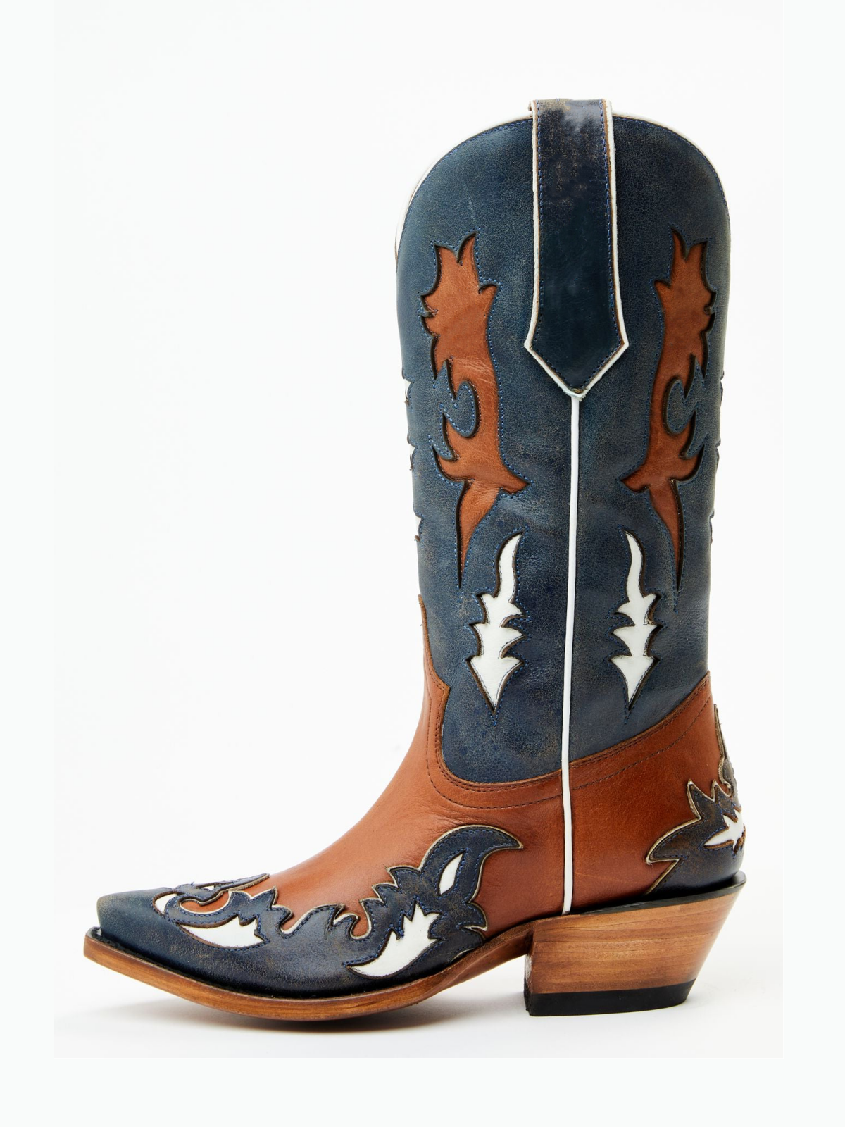 Contrast Brown And Blue Snip-Toe Star Inlay Toebox Applique Wide Mid Calf Tall Cowgirl Boots