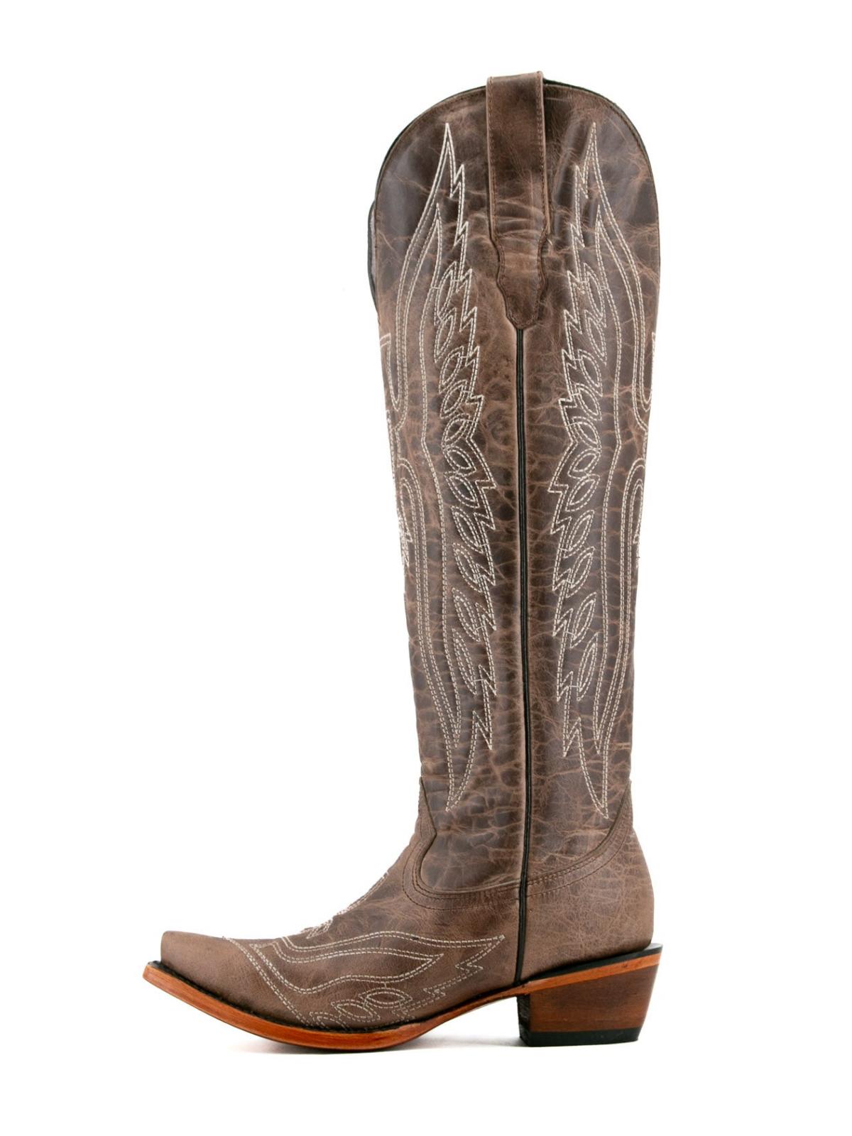 Distressed Tabaco Snip-Toe Eagle Embroidery Half-Zip Knee High Cowgirl Boots